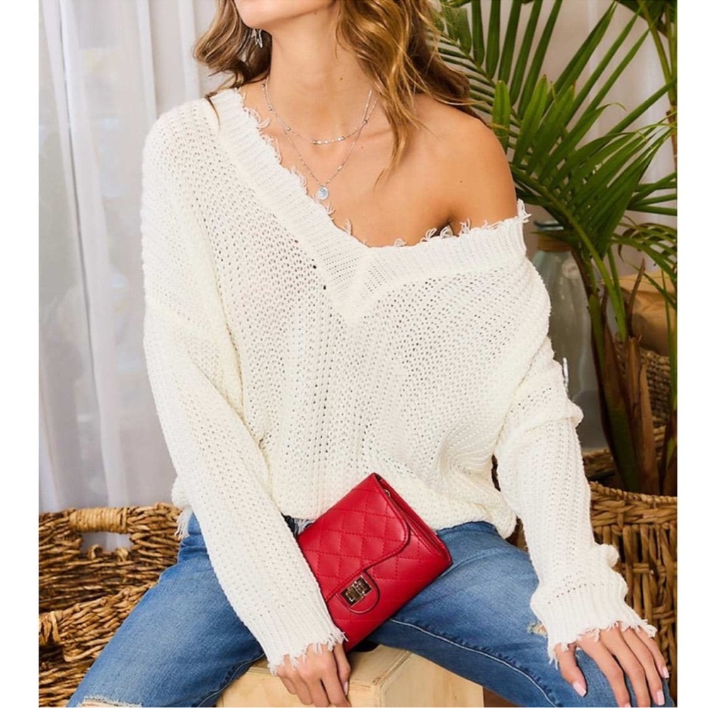Main Strip V-Neck Frayed Sweater - Picture 3 of 9